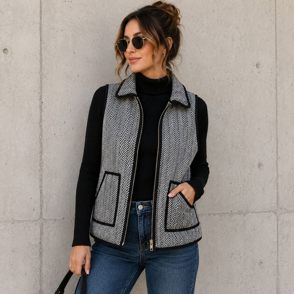 Luttie Herringbone Vest Womens S Black White Zip Front Preppy Tweed Pockets